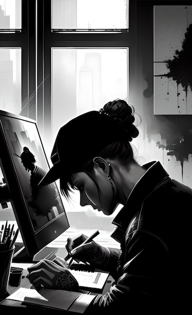 Una mujer está escribiendo en la pantalla de una computadora con el dibujo de una persona en el fondo.