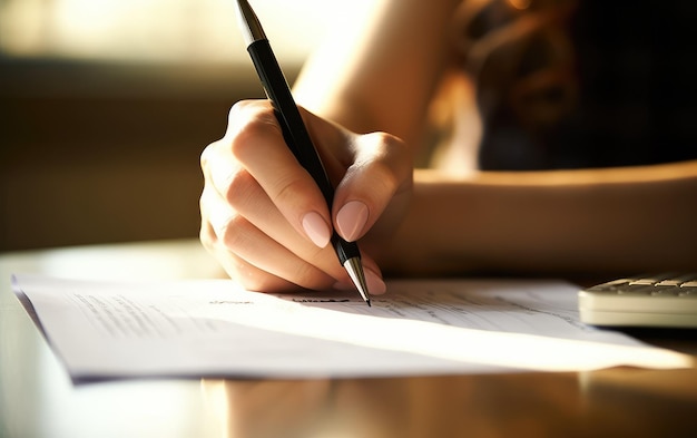 Una mujer está escribiendo en un pedazo de papel con una pluma.