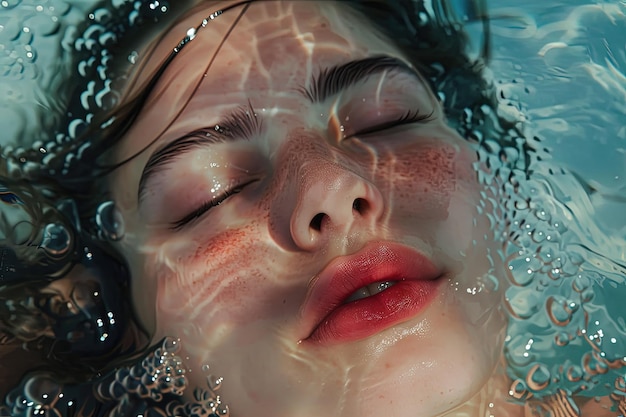 Una mujer está flotando en el agua con los ojos cerrados