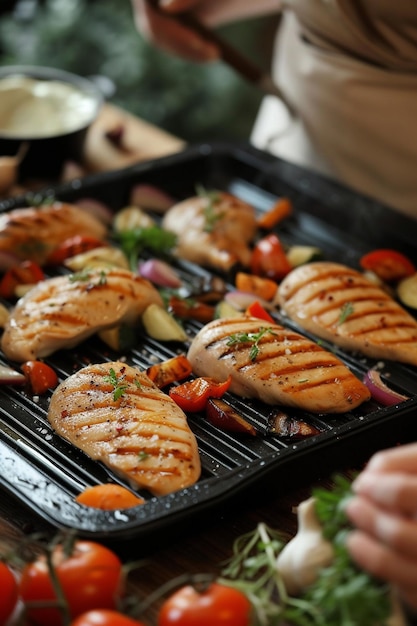 una mujer está fritando carne y verduras en una parrilla eléctrica