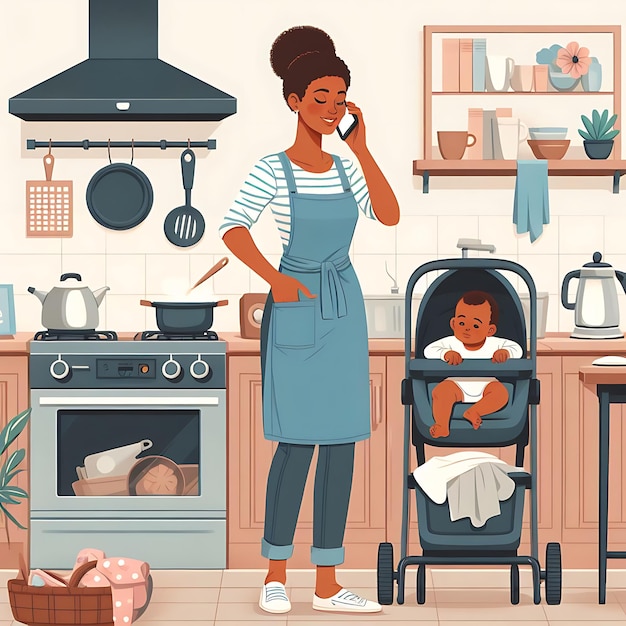 una mujer está hablando por teléfono en una cocina con un bebé en primer plano