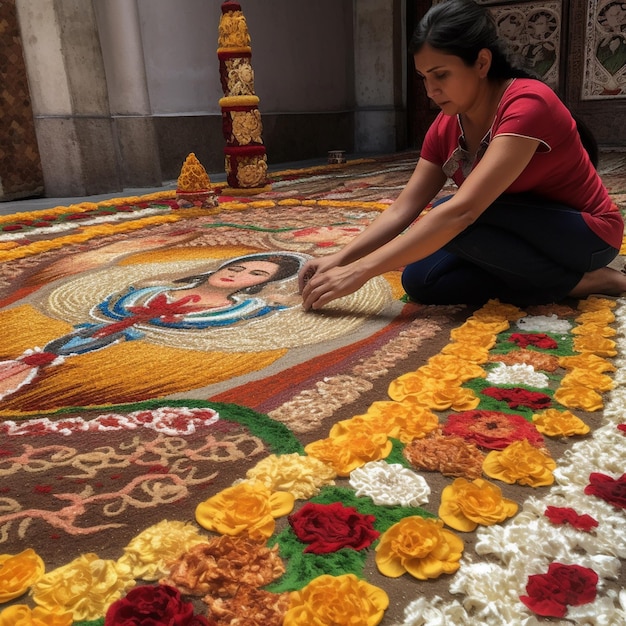 Una mujer está haciendo una alfombra con flores.