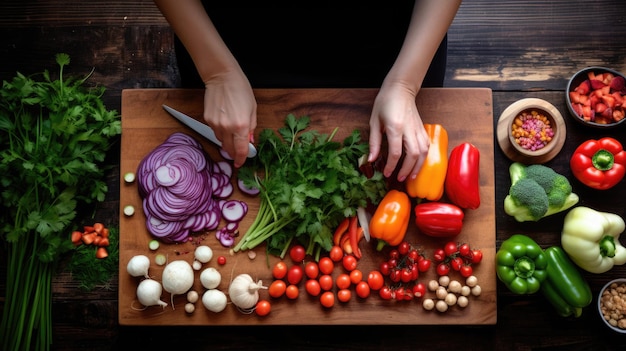 La mujer está haciendo una comida de verduras frescas acostadas en una tabla de cortar de madera