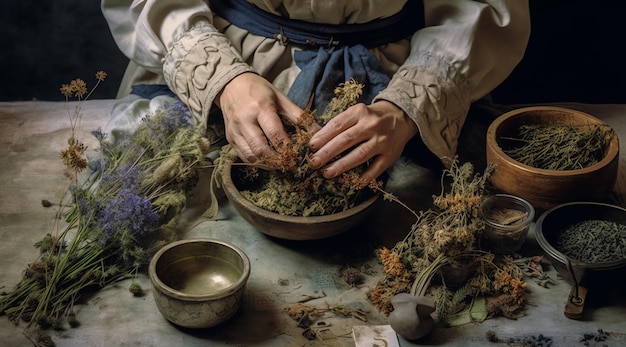 Una mujer está haciendo un cuenco de flores.