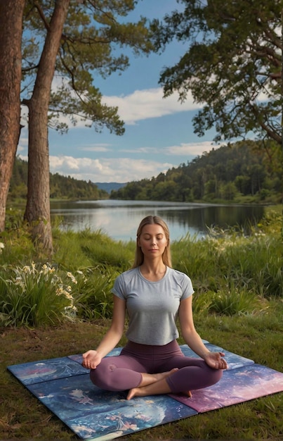 una mujer está haciendo yoga frente a un lago