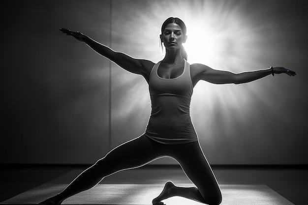 Una mujer está haciendo yoga frente a una luz.