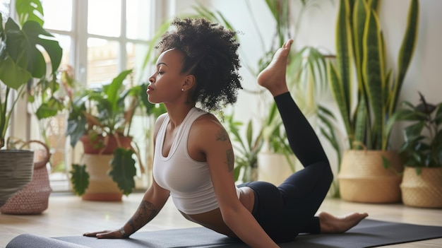 Una mujer está haciendo yoga en una habitación con plantas