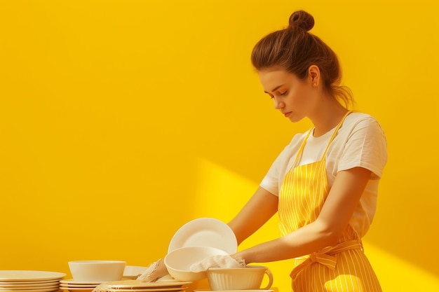 Una mujer está lavando platos en una cocina amarilla