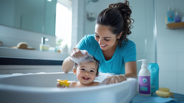 una mujer está lavando a su bebé en el baño con una botella de champú