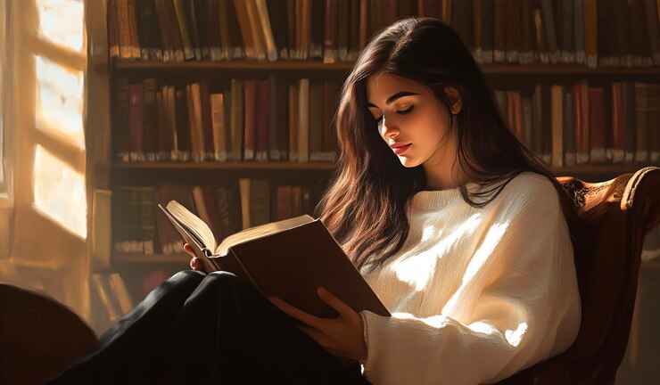 una mujer está leyendo un libro en una biblioteca