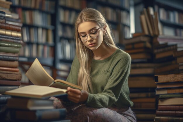 Una mujer está leyendo un libro en una biblioteca.