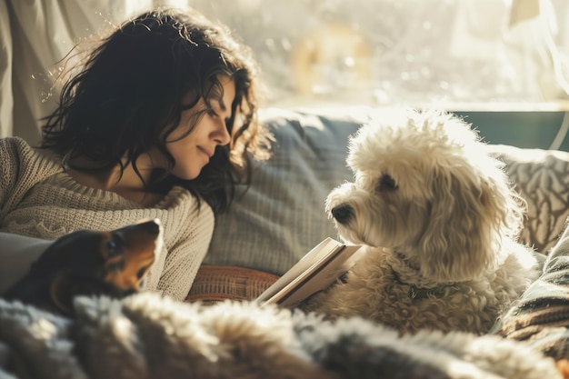 Una mujer está leyendo un libro mientras su perro se acuesta a su lado