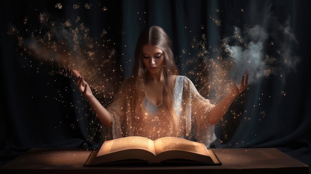 Una mujer está leyendo un libro con polvo mágico a su alrededor.