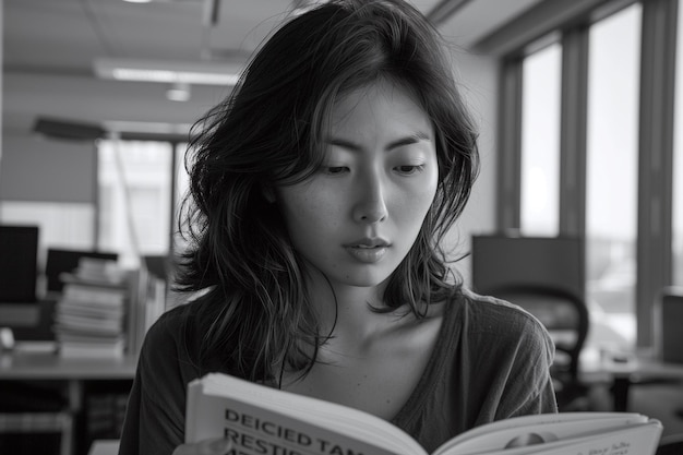 Una mujer está leyendo un libro titulado Diseñado para renunciar