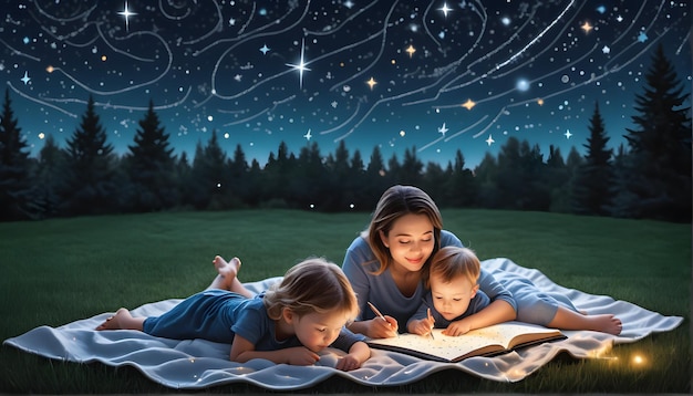 una mujer está leyendo un libro con tres niños leyendo un Libro