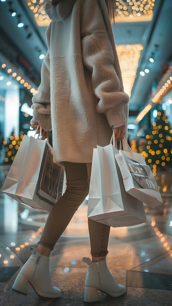 una mujer está llevando bolsas de compras y una bolsa que dice "La temporada de Navidad"
