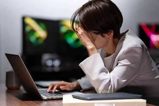 una mujer está mirando una computadora portátil que dice "no hay nadie en ella"