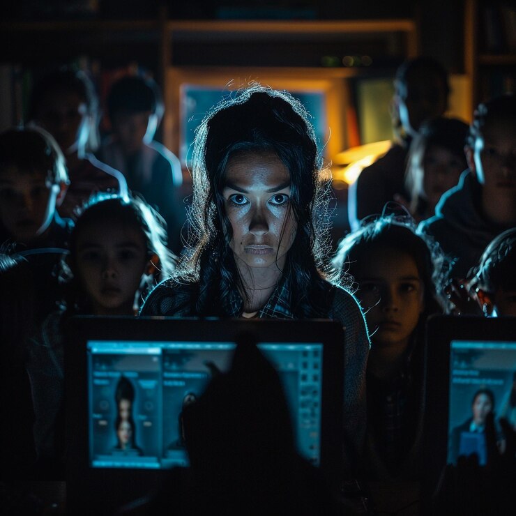 Foto una mujer está mirando una pantalla de computadora con una imagen de una mujer en ella