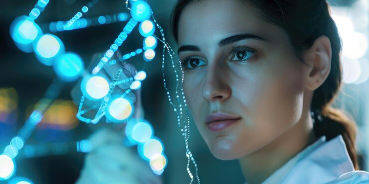 Foto una mujer está mirando una pantalla de computadora con una luz azul