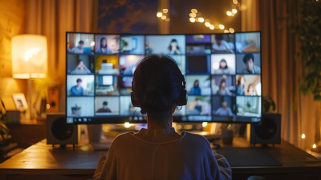 una mujer está mirando una pantalla de TV con muchas personas diferentes en ella