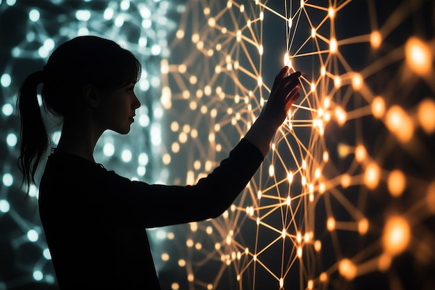 una mujer está mirando una pared de luces