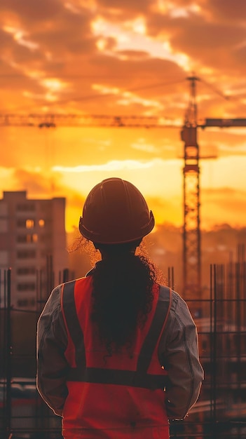 Una mujer está mirando un sitio de construcción con una silueta de una persona mirando la puesta de sol