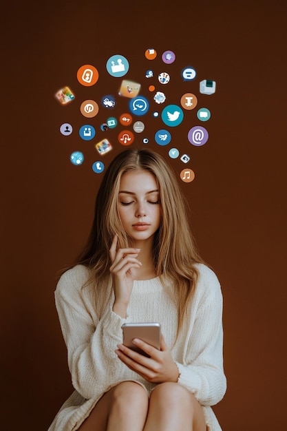 una mujer está mirando su teléfono con la palabra internet en la parte superior