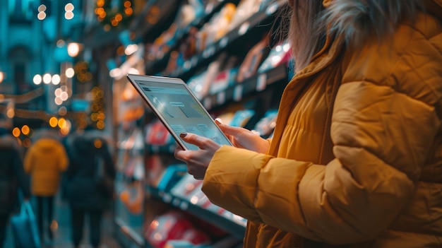 una mujer está mirando una tableta en una tienda