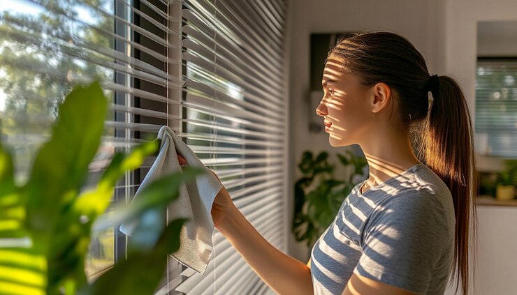 una mujer está mirando a través de una ventana con persianas