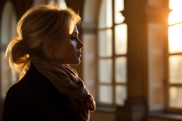 una mujer está mirando por una ventana al sol