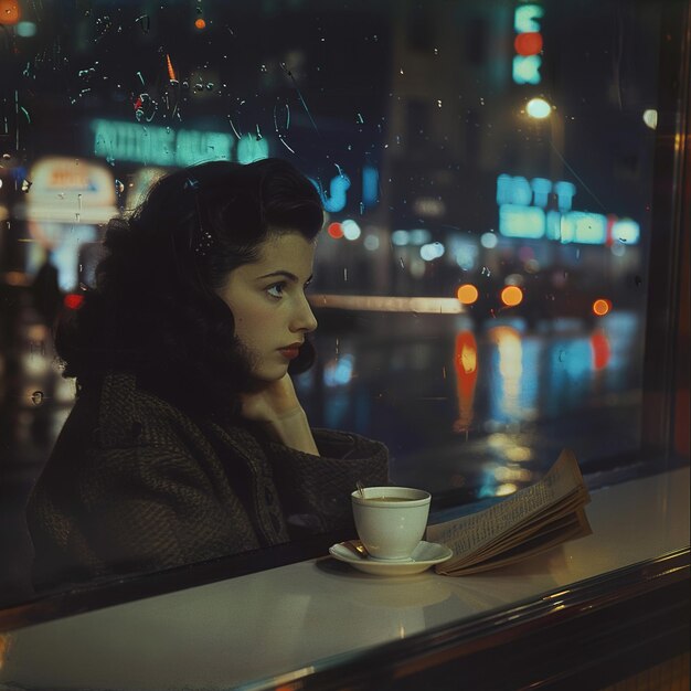 una mujer está mirando por una ventana a un libro