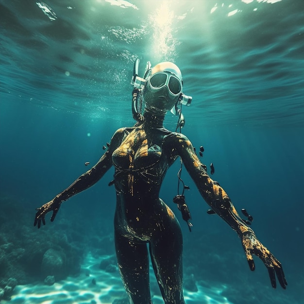 Una mujer está nadando bajo el agua y usando un traje de buceo.