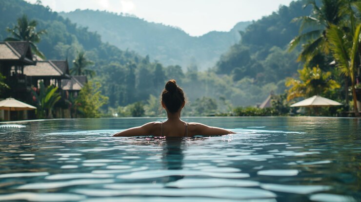 una mujer está nadando en una piscina con las montañas en el fondo