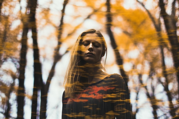 una mujer está parada frente a un bosque con árboles al fondo