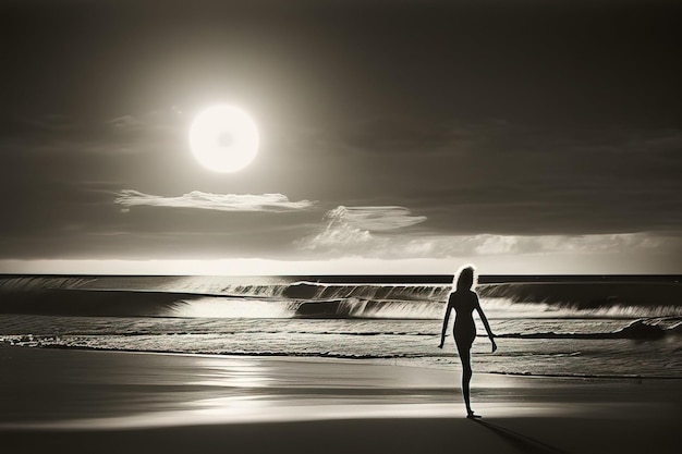 una mujer está parada en una playa con el sol brillando en su espalda.