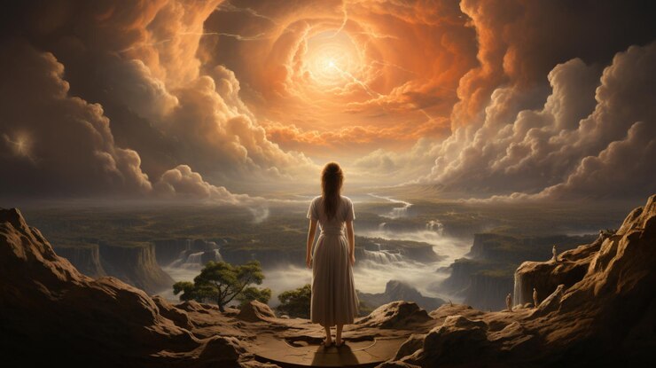 Foto una mujer está de pie en un acantilado mirando el atardecer