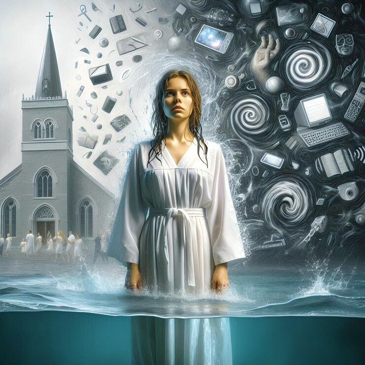Foto una mujer está de pie en el agua frente a una iglesia