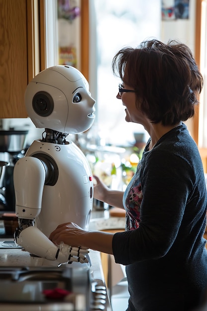 una mujer está de pie al lado de un robot que tiene la palabra robot en él
