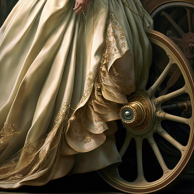 una mujer está de pie al lado de una rueda que tiene una rueda con una ruedas que dice la palabra en ella