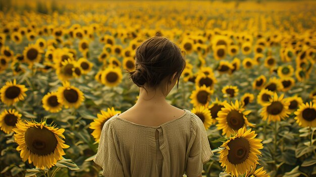 una mujer está de pie en un campo de girasoles