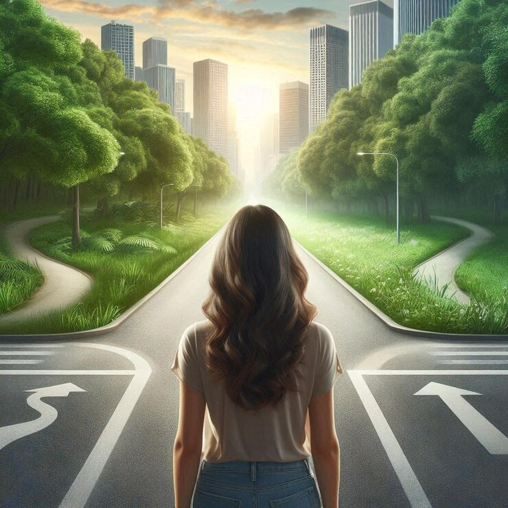 una mujer está de pie en la carretera frente a un paisaje urbano
