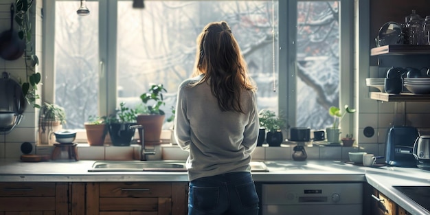 Una mujer está de pie en la cocina y mira por la ventana.