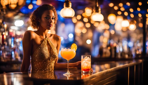una mujer está de pie detrás de una barra con una bebida y una bebida