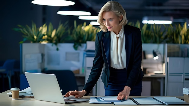 una mujer está de pie detrás de una computadora portátil y un monitor que dice "está trabajando"