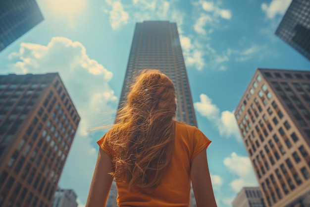 La mujer está de pie bajo el edificio la persona que está determinada