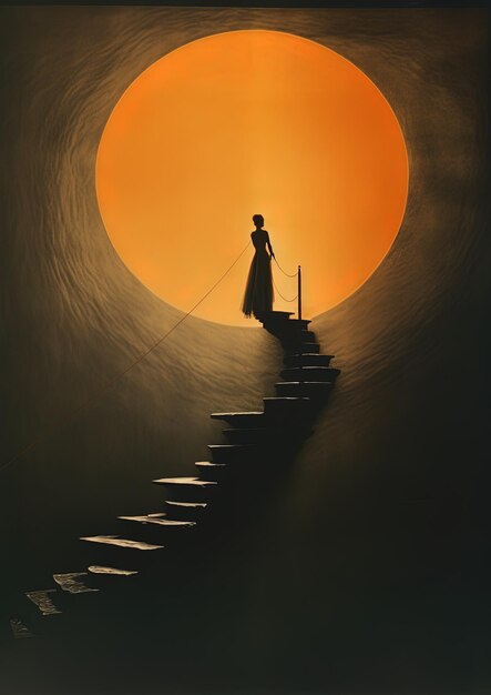 una mujer está de pie en una escalera frente a una luna naranja