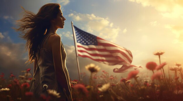 Una mujer está de pie frente a una bandera y el sol está brillando.