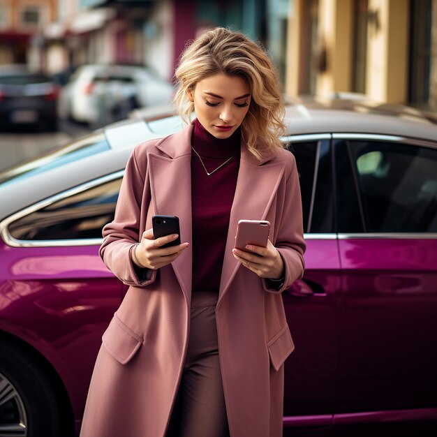 una mujer está de pie frente a un coche y mirando su teléfono