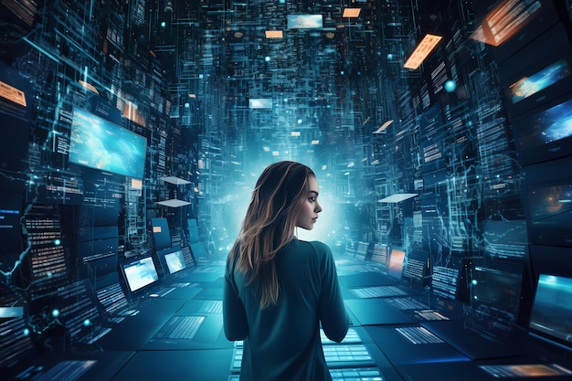 una mujer está de pie frente a una computadora con una mujer de pie delante de ella