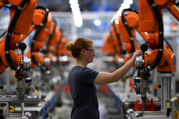 una mujer está de pie frente a una fábrica con un robot en el fondo